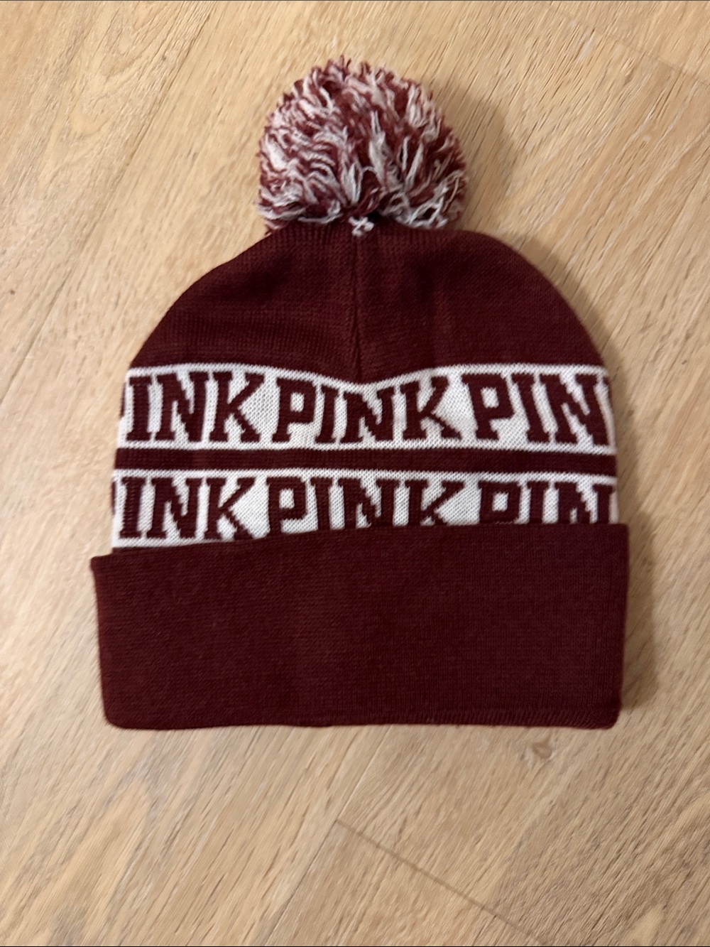 PINK Victoria's Secret Kids Maroon and Cream Pom Beanie